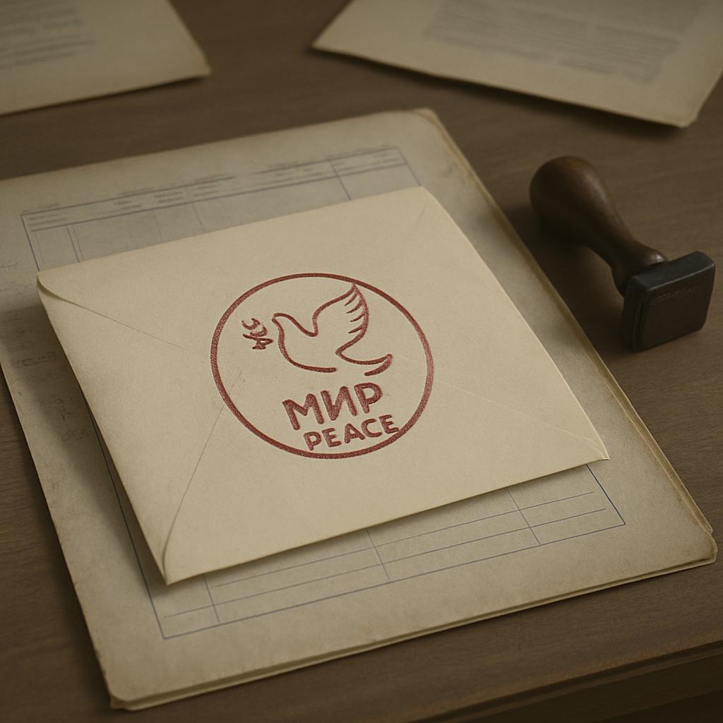 An off-white letter or envelope with a red dove and the word peace stamped on it sits atop a folded notebook.