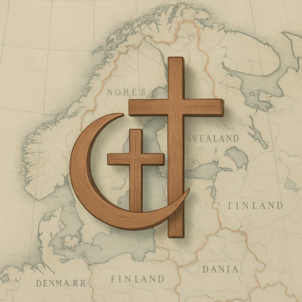 A large wooden symbol made up of a cross and a crescent moon overlays a beige map of Scandinavia.