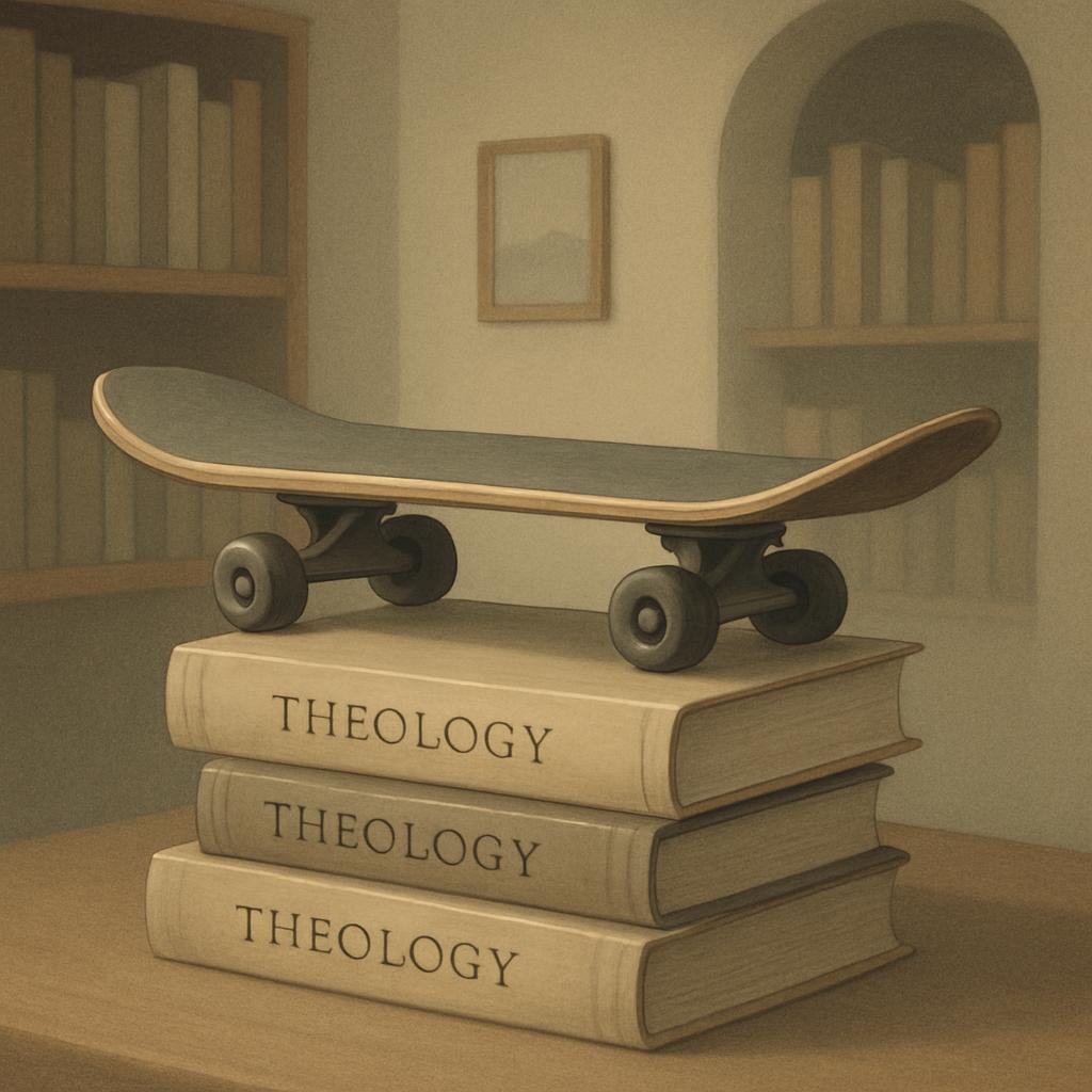 A stack of "THEOLOGY" books topped by a skateboard, set in a cozy room with bookshelves and a window in the background.