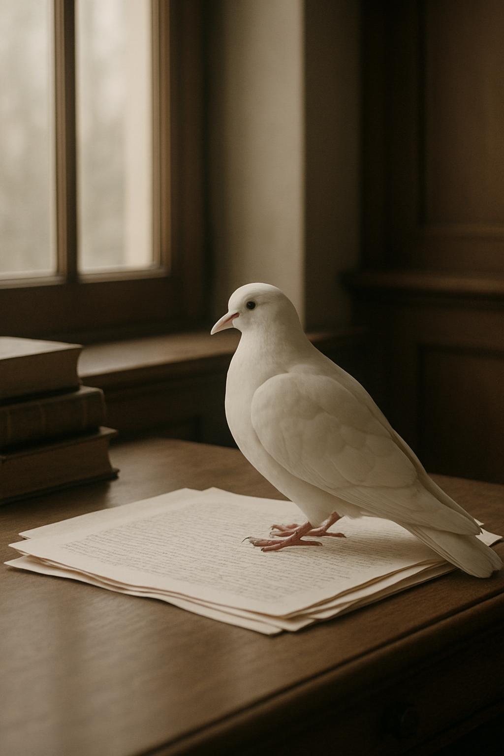 A white dove standing atop a stack of books, in a room with softly lit windows and brown furniture.