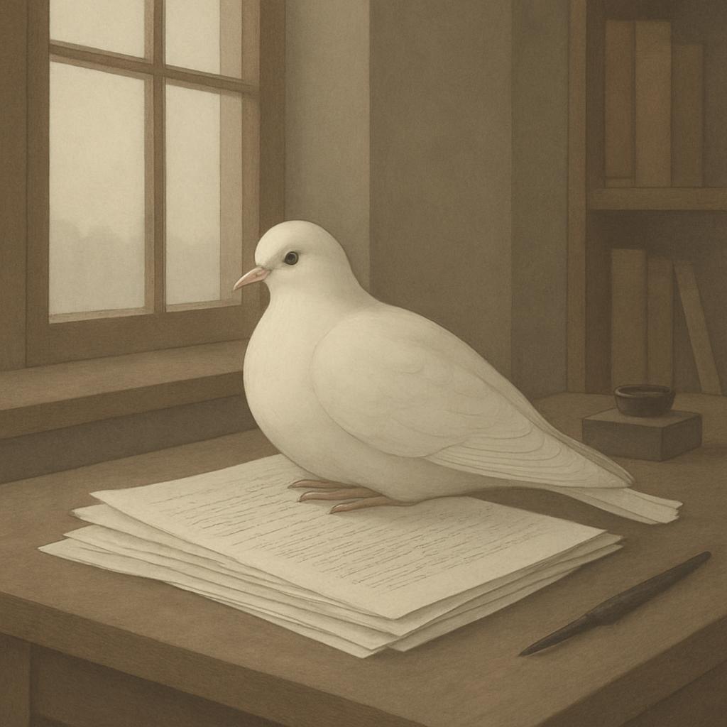 A white dove sitting on a stack of papers on a wooden desk, next to a window with some papers and a pen. Illustration in b...